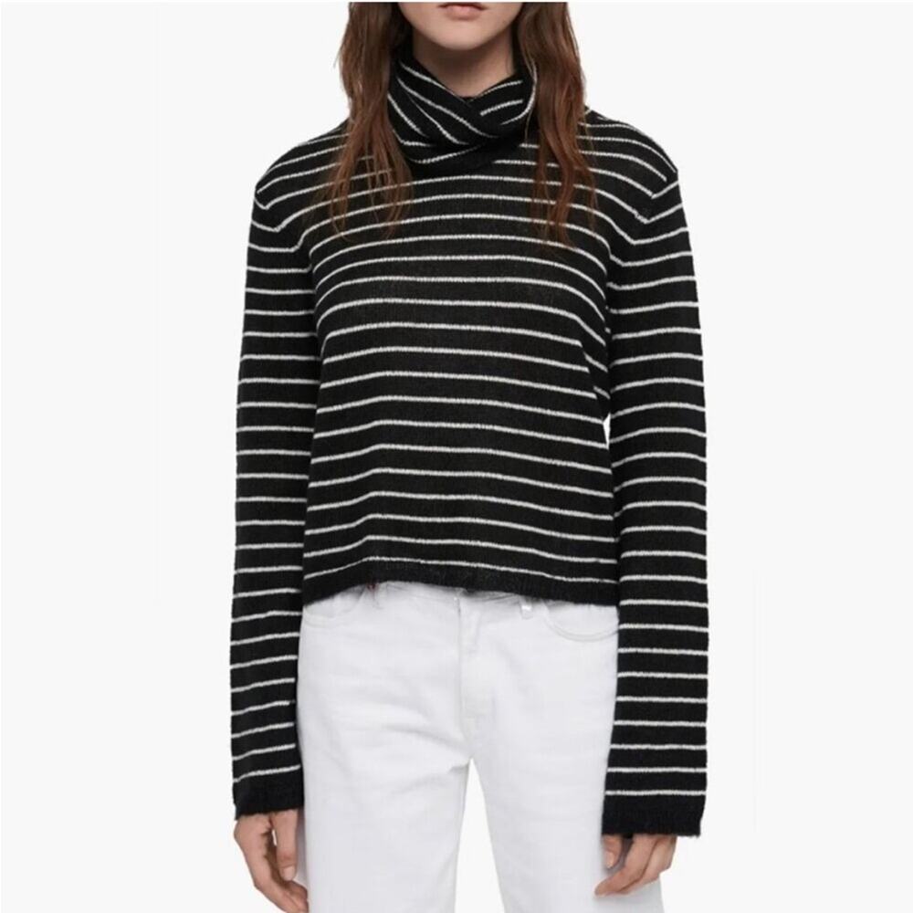 Allsaints Marty Roll Neck Sweater Mohair Blend Black and White Stripe - Size XS